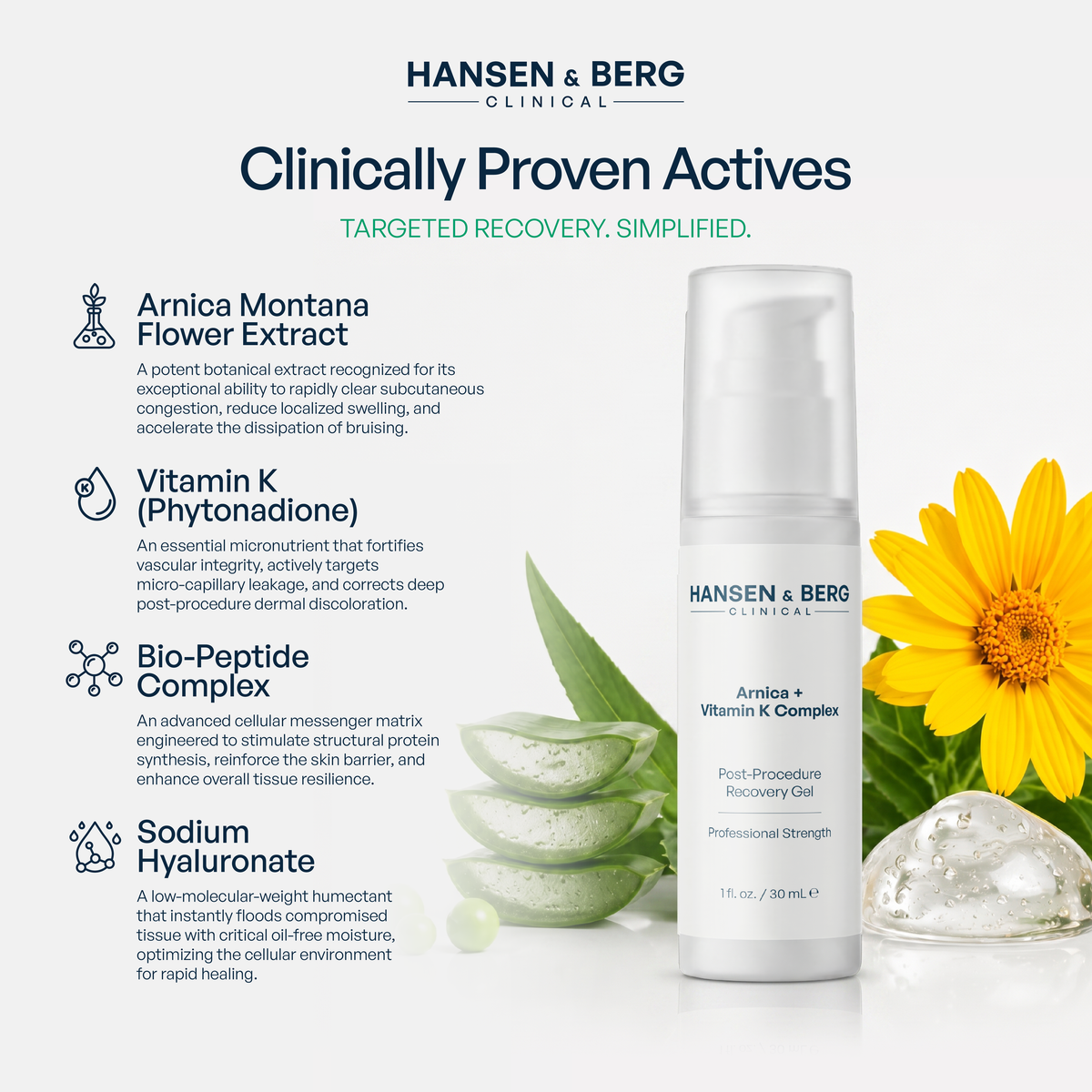Hansen & Berg Clinical Growth Factor + Arnica + Vitamin K Gel - Soothes Bruised Skin, Post-Procedure Redness & Discoloration (1 fl oz / 30 mL)